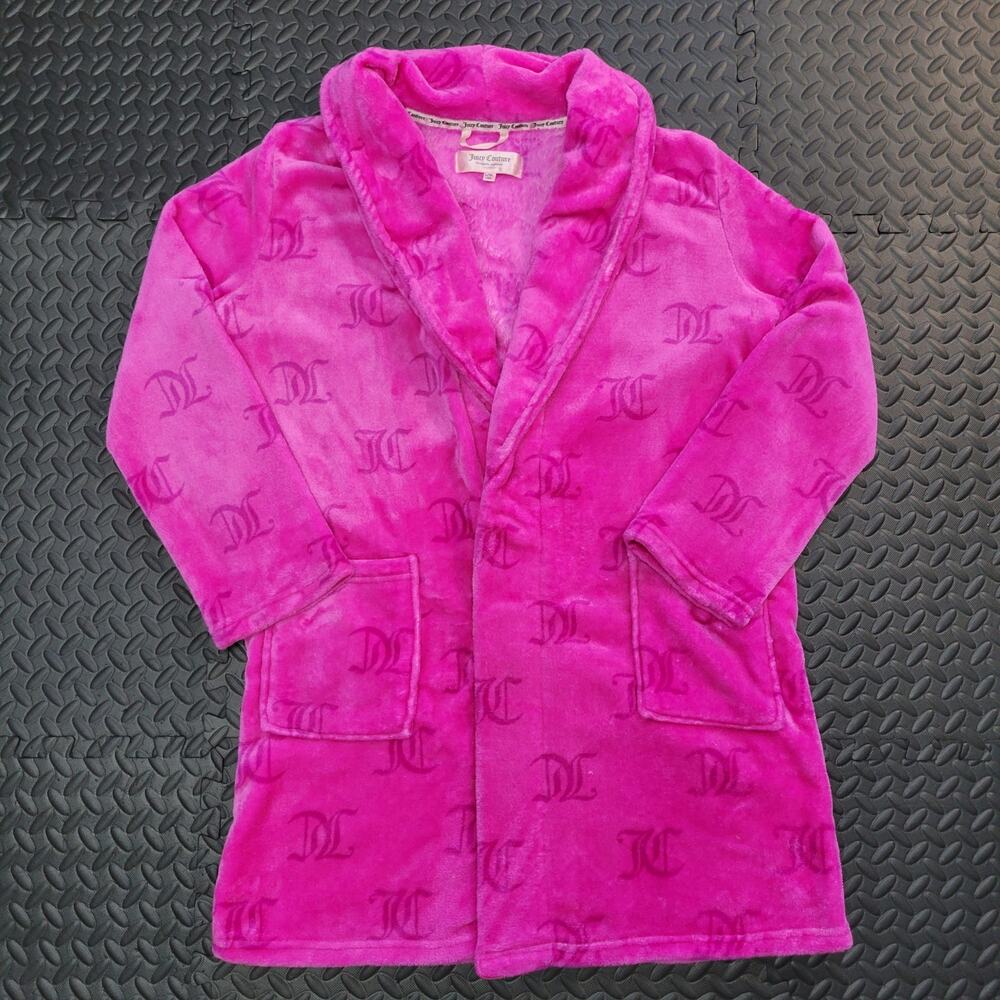 Juicy Couture Pink Plush Logo Robe Women's L Fuzzy Belted Y2K 2000s Loungewear